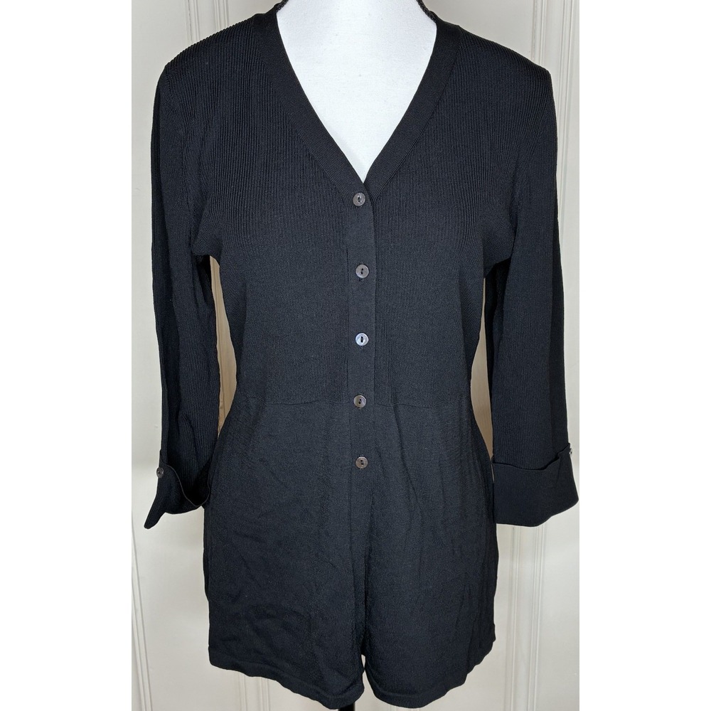 NWT Linda Matthews Cardigan Sweater Size L Black Ribbed Knit V-Neck Button Front